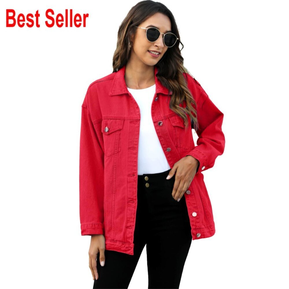 Oversized Denim Jacket Mid Long Biker Coat Button Front Pockets